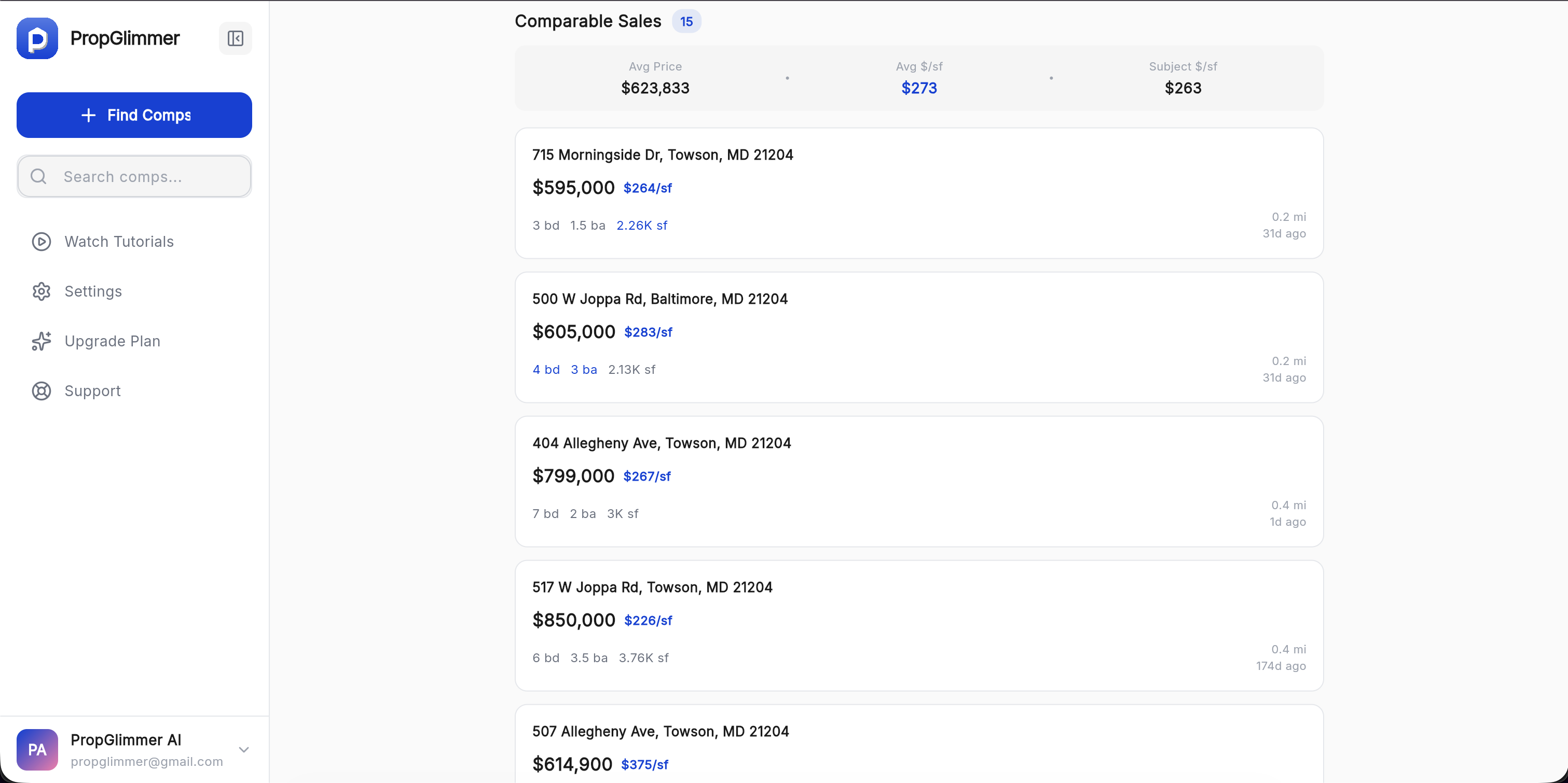 Comparable sales selected by PropGlimmer