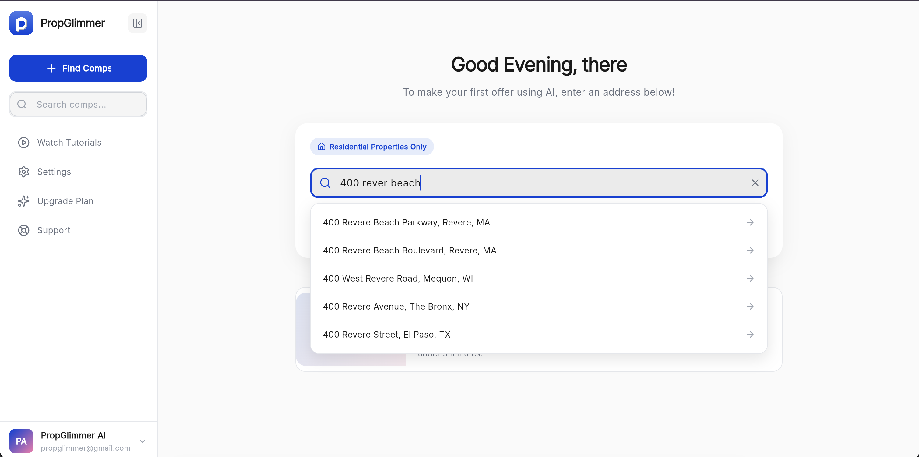 Searching for a property address in PropGlimmer